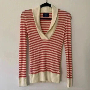 Vintage American Eagle Women's Red/Cream Striped Sweater Size Medium